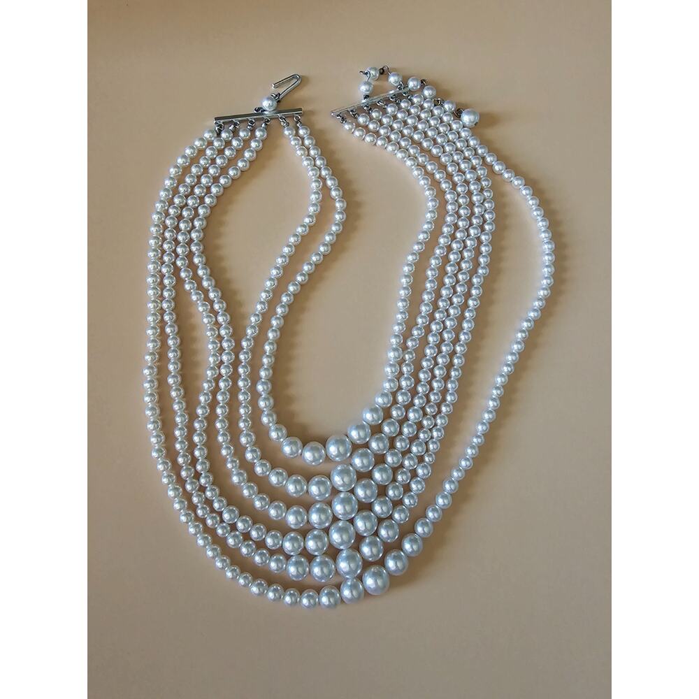 Vtg Signed Japan Multi-Strand Faux Pearl Bib Necklace - Layered Statement Collar